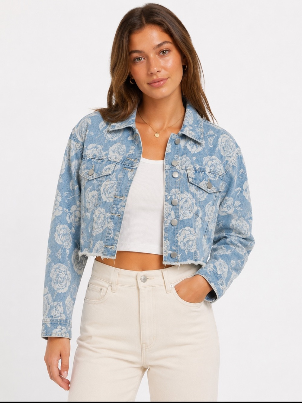love, Fire Light Blue Floral Cropped Denim Jacket